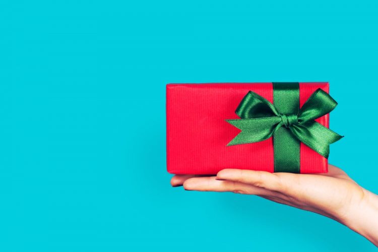 Hand of young woman holding a beautiful gift box, copy space, ho